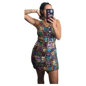1980s vintage sequins geometric rainbow bodycon party dress